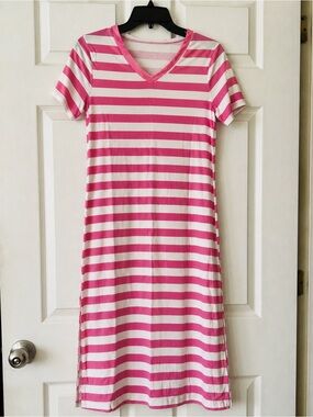 Women’s Pink White Striped Maxi Dress Size M V-Neck Side Slit Stretch